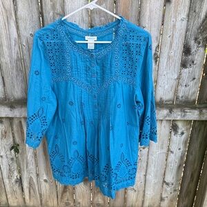 Sundance Eyelet Pleated Cotton Blouse Embroidered Broderie Anglaise 3/4 sleeve L